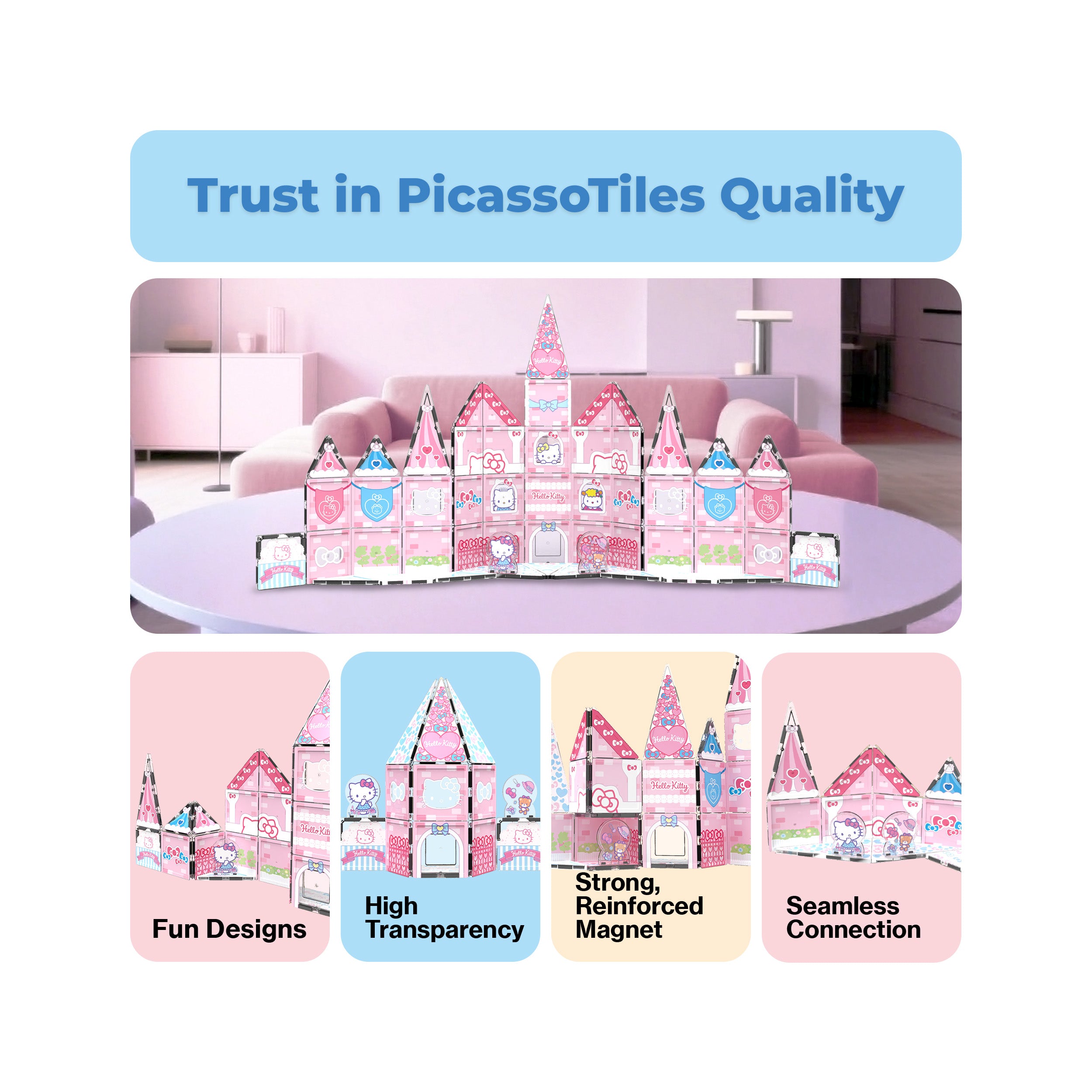 Hello Kitty castle quality infographic highlighting fun designs, transparency, strong magnets, and seamless connections.