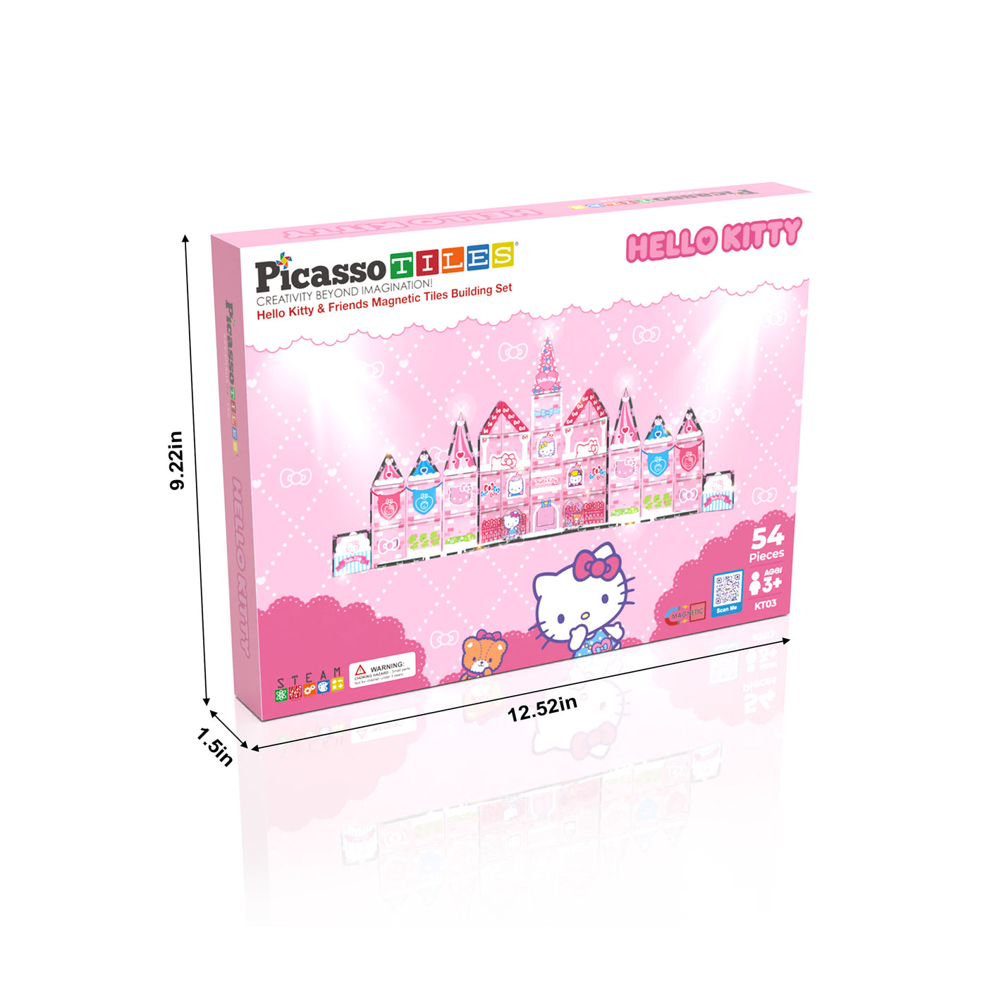 PicassoTiles Hello Kitty 54-piece box infographic showing packaging dimensions: 9.22" x 12.52" x 1.5".