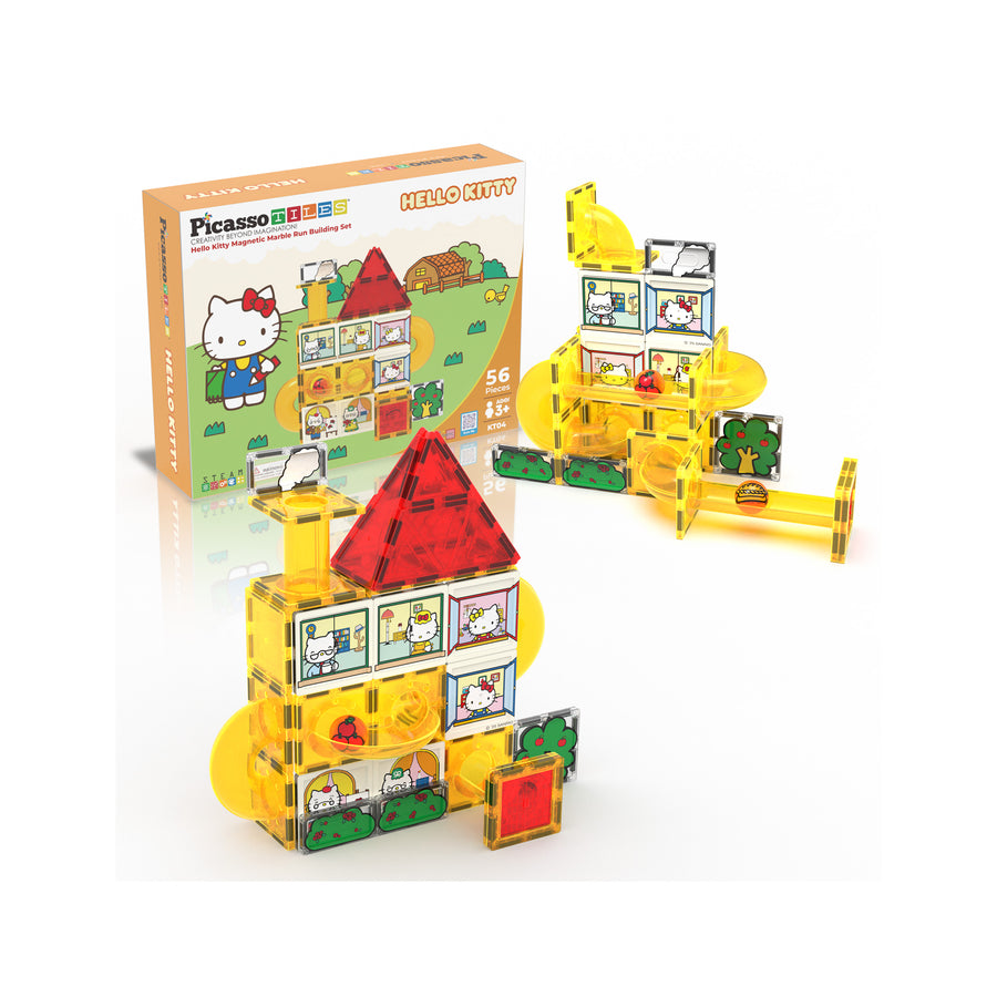 PicassoTiles Hello Kitty 56-piece yellow marble run set with toy box and built house track structures.