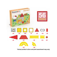 PicassoTiles 56-piece Hello Kitty marble run infographic showing a box and a detailed breakdown of individual parts.
