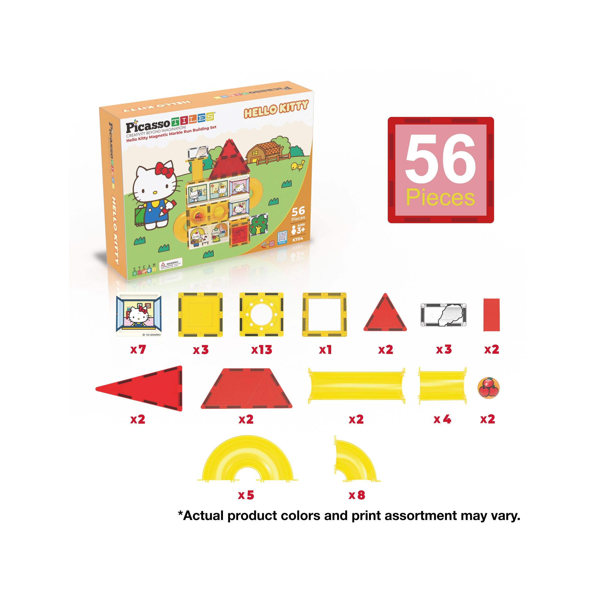 PicassoTiles 56-piece Hello Kitty marble run infographic showing a box and a detailed breakdown of individual parts.