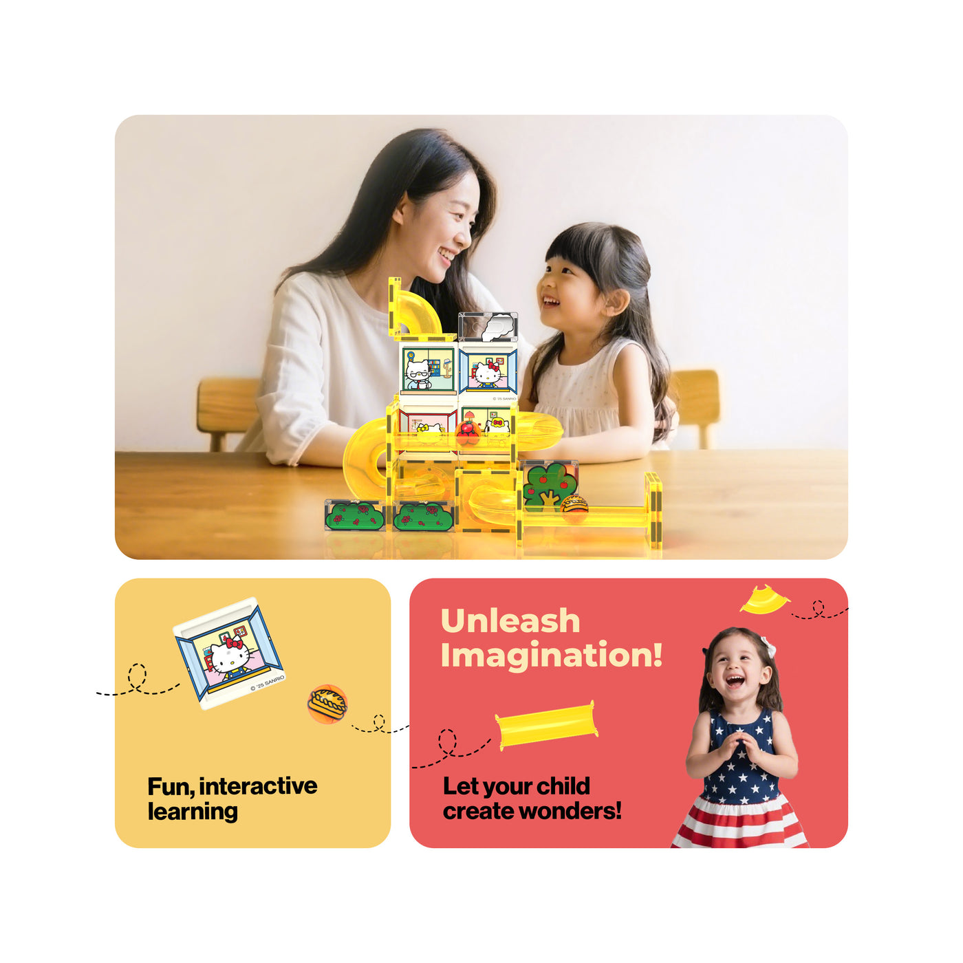Mother and daughter playing with a yellow Hello Kitty marble run next to an "Unleash Imagination!" banner.