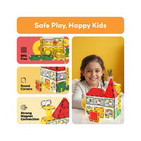 A girl smiling behind a yellow Hello Kitty marble run under an orange "Safe Play, Happy Kids" banner.