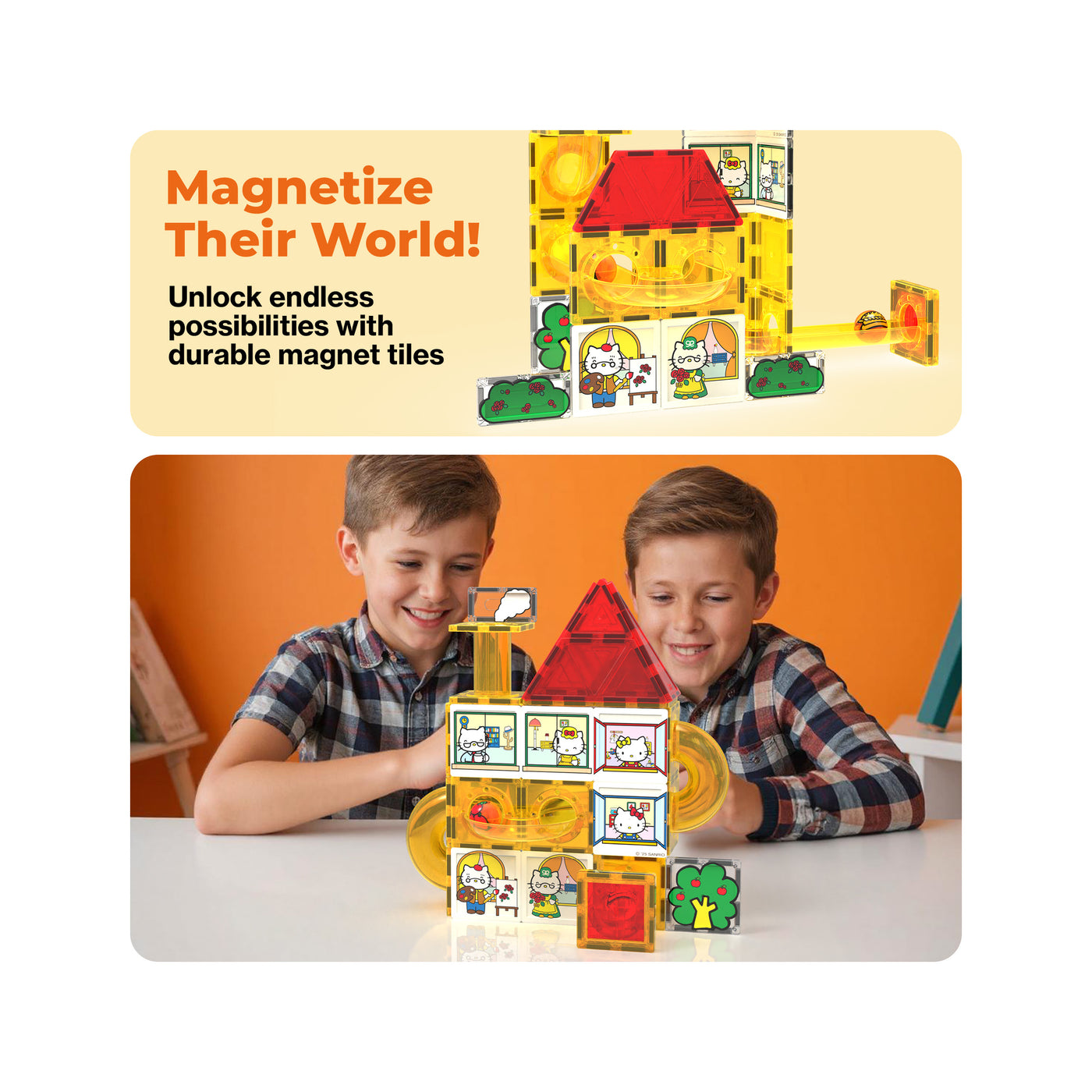 Two boys building a yellow Hello Kitty magnetic marble run under a "Magnetize Their World!" banner.