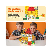 Two boys building a yellow Hello Kitty magnetic marble run under a "Magnetize Their World!" banner.