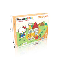 PicassoTiles Hello Kitty 56-piece box infographic showing packaging dimensions: 9.1" x 11.86" x 2.71".