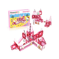 PicassoTiles Hello Kitty 60-piece marble run set showing the box and built pink toy castle structures.