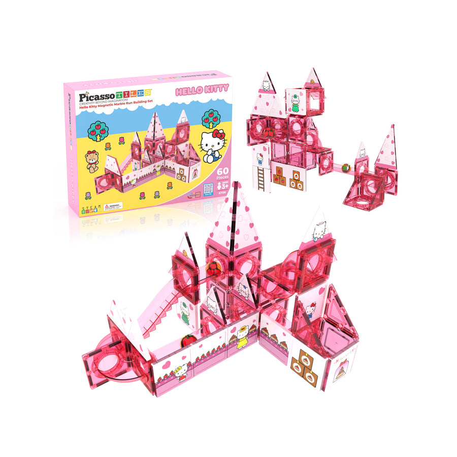 PicassoTiles Hello Kitty 60-piece marble run set showing the box and built pink toy castle structures.
