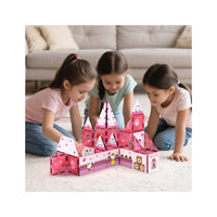 Three girls playing with a pink Hello Kitty magnetic tile castle toy on a carpet.