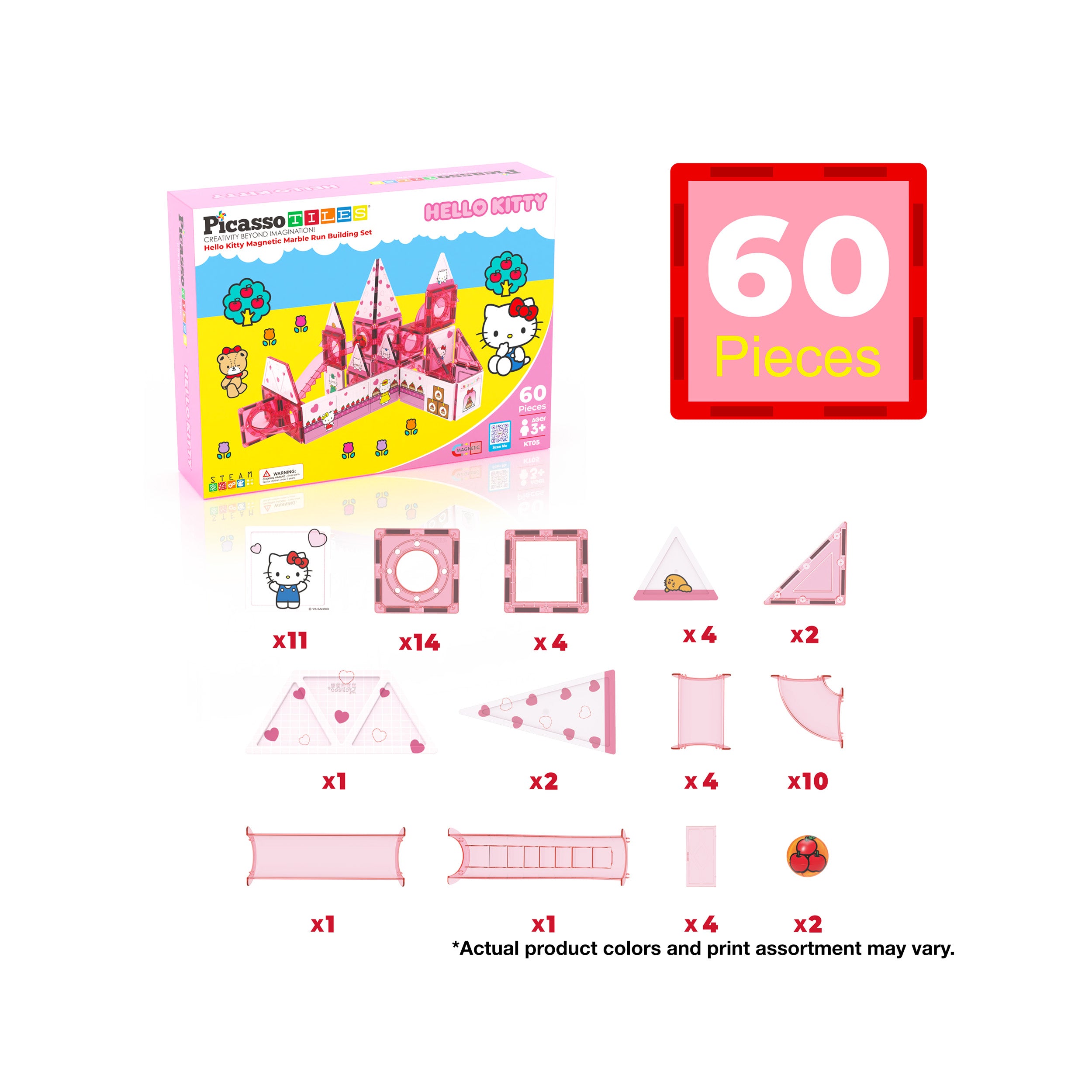 Hello Kitty 60-piece PicassoTiles box and diagram showing quantities of each pink tile and accessory.