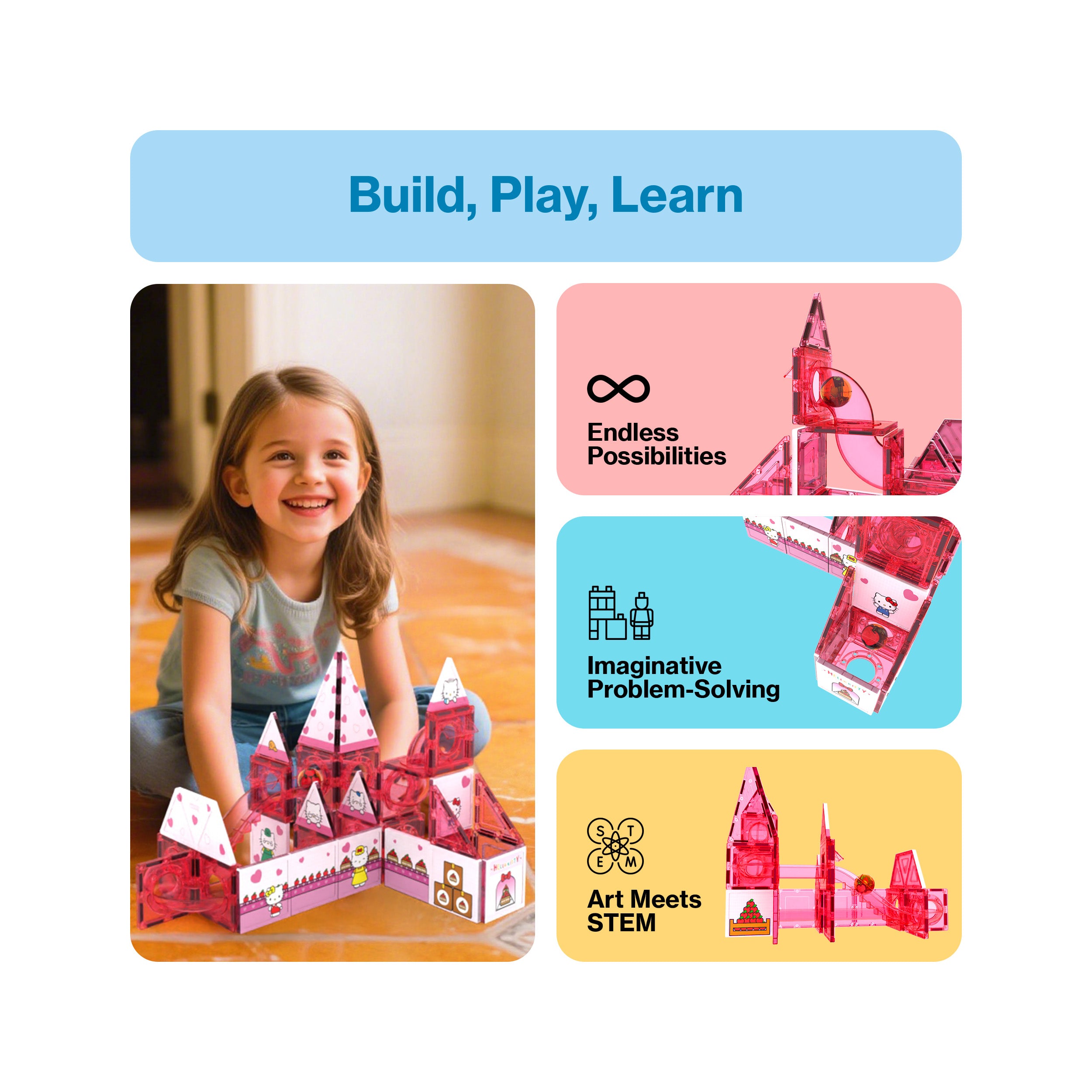 Girl playing with pink magnetic tile set next to STEM and imagination learning infographics.