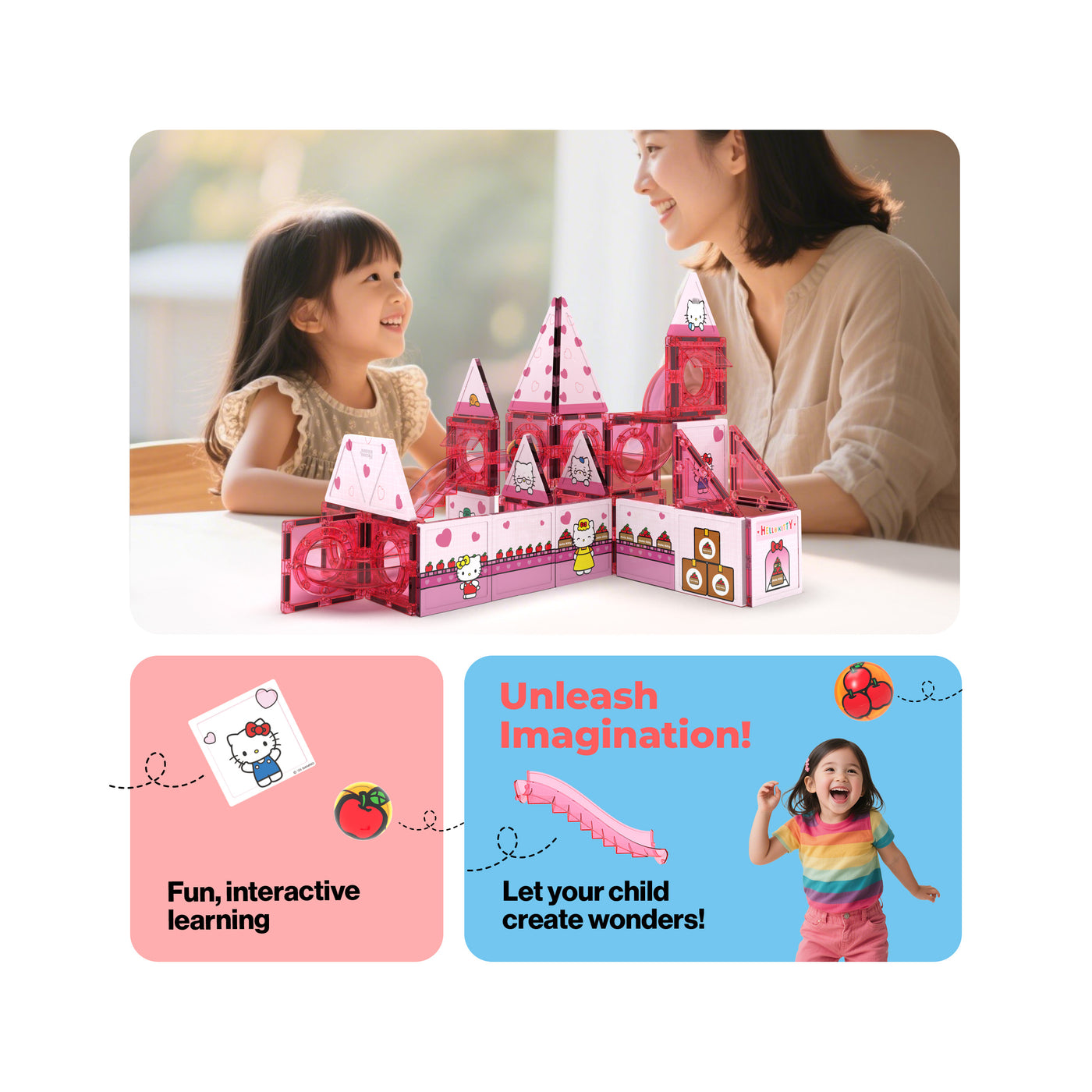 Mother and daughter building a pink Hello Kitty magnetic tile castle next to interactive learning graphics.