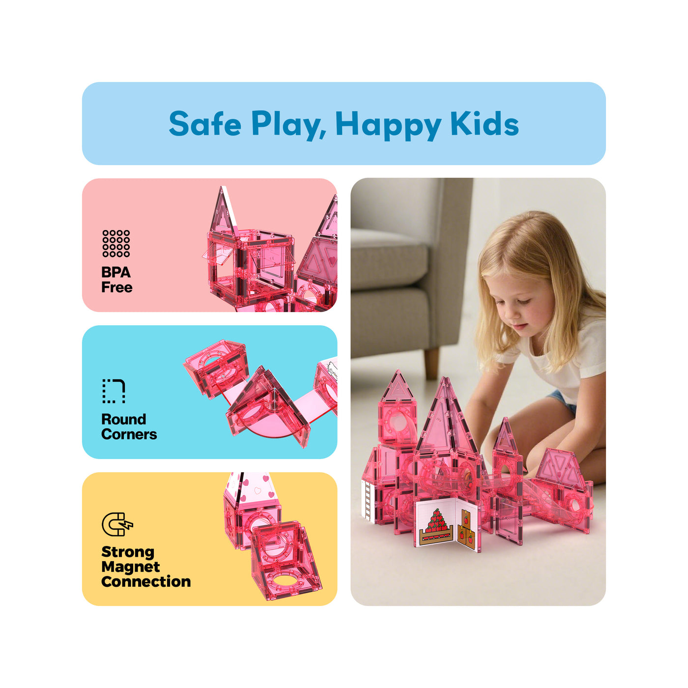 Girl building a pink castle next to BPA-free, round corners, and strong magnet connection icons.
