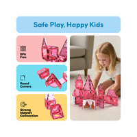 Girl building a pink castle next to BPA-free, round corners, and strong magnet connection icons.