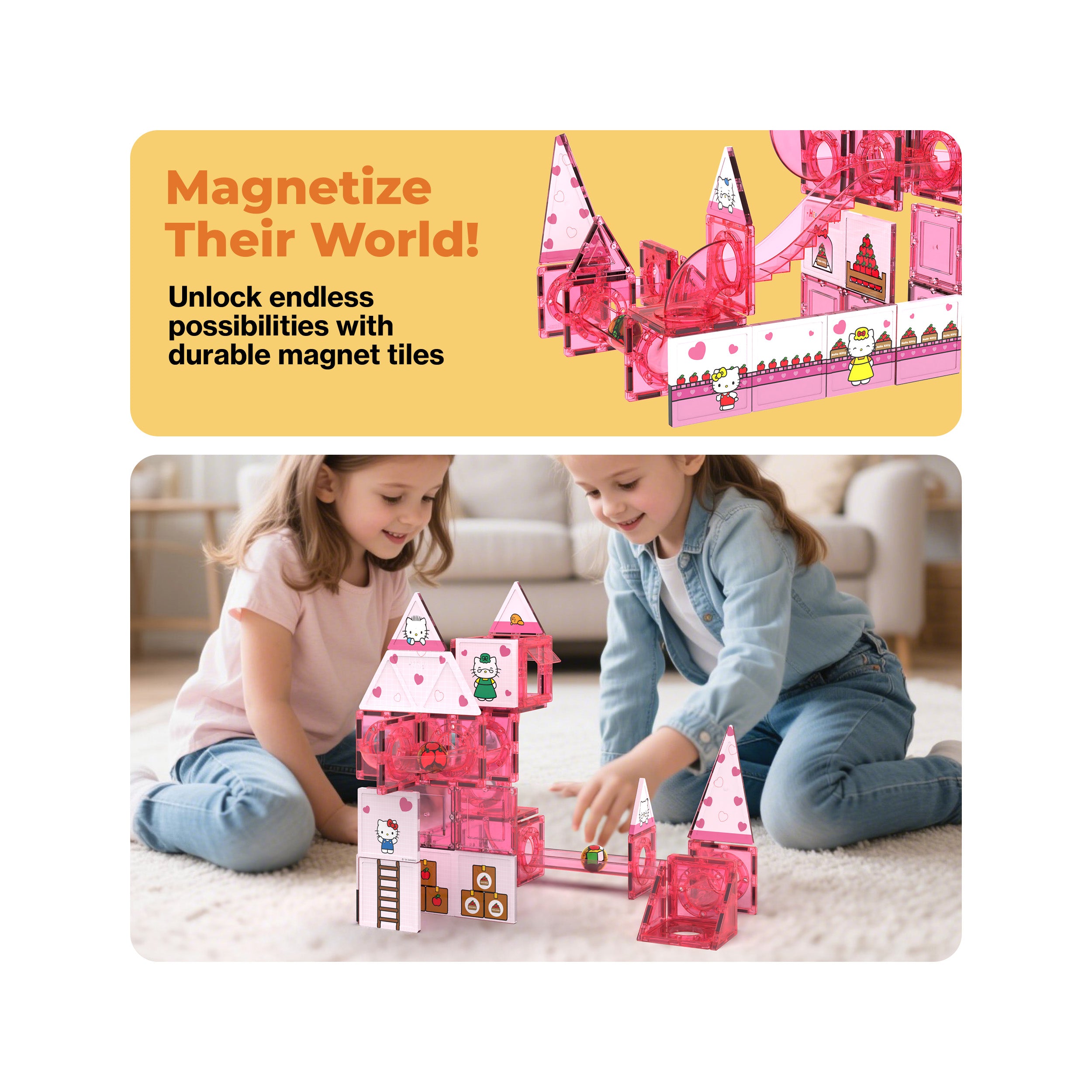 Two girls building a pink Hello Kitty magnetic tile castle on a carpet below a promotional banner.