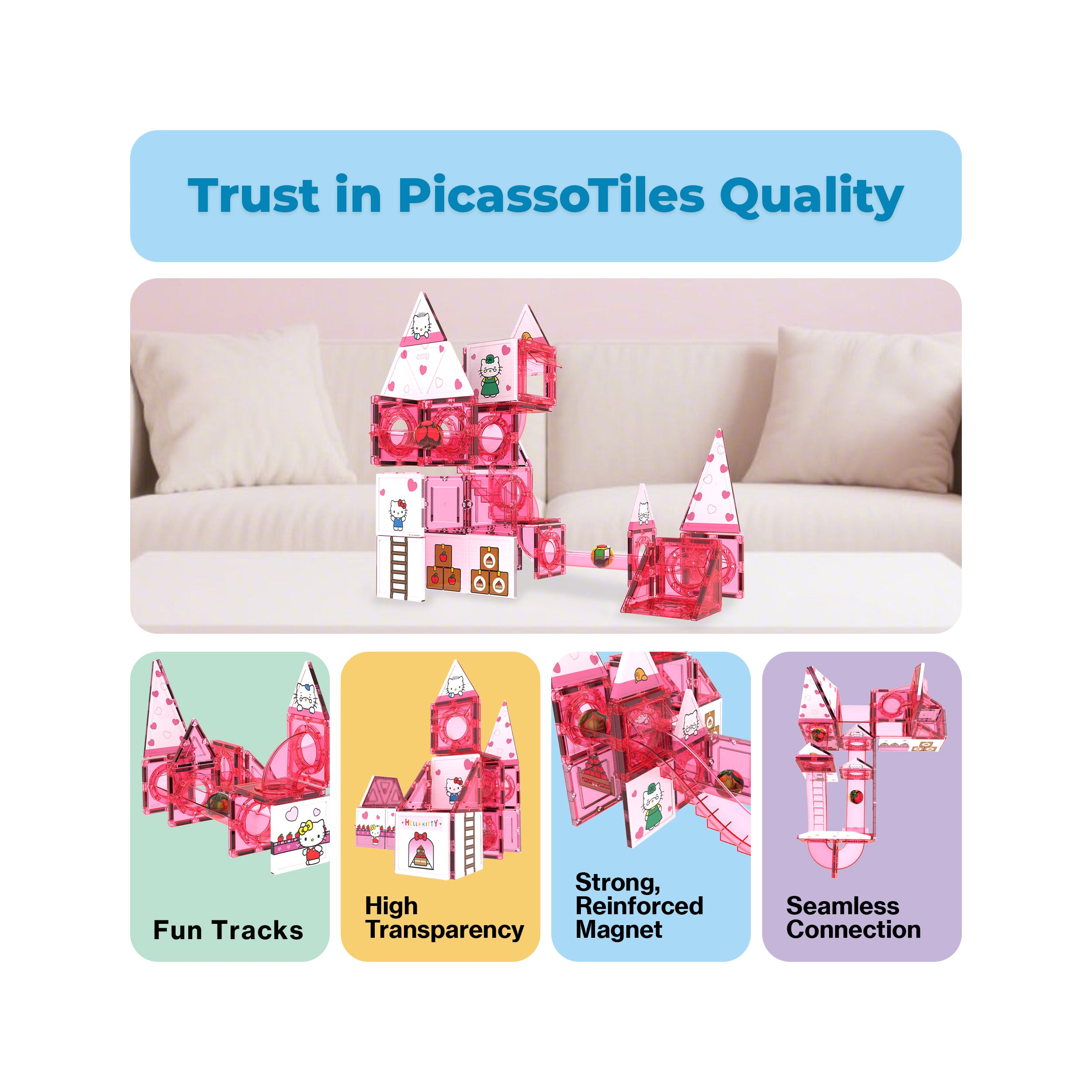 Hello Kitty magnetic tile castle infographic highlighting fun tracks, high transparency, and strong magnets.