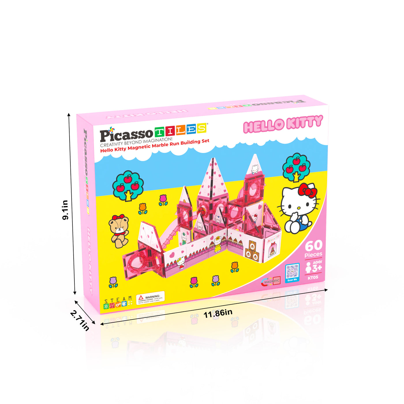 Pink Hello Kitty PicassoTiles box with product dimensions: 11.86 inches long, 9.1 inches high, and 2.71 inches wide.