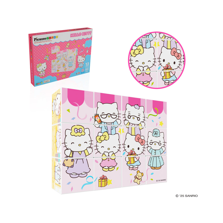 PicassoTiles Hello Kitty 12-piece block set showing the box and assembled magnetic character puzzle.