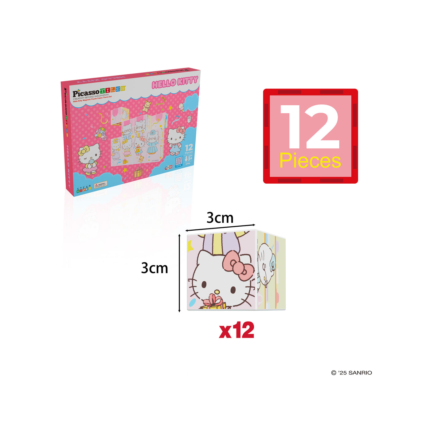 Hello Kitty 12-piece magnetic block set diagram showing 3cm cube dimensions next to the box.