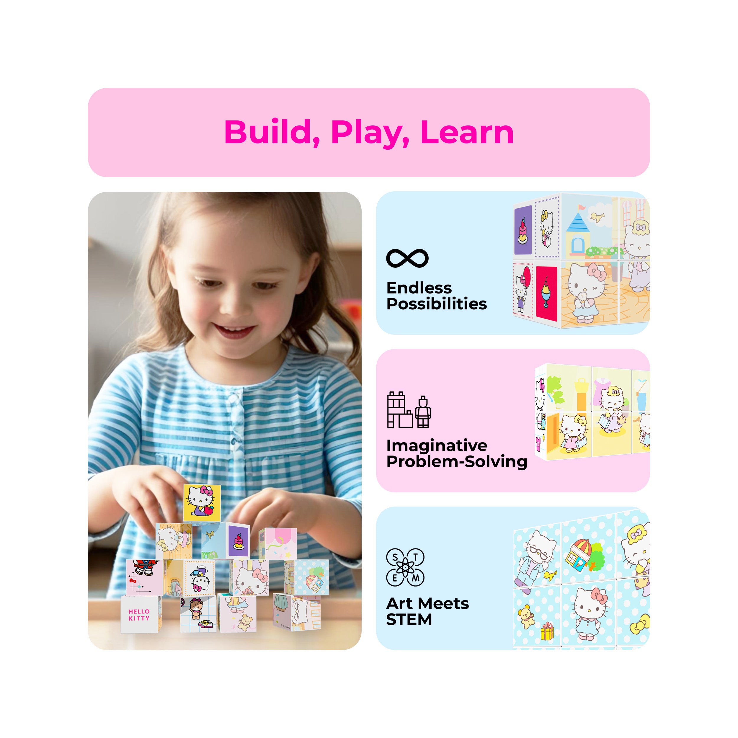 Young girl stacking Hello Kitty magnetic blocks next to STEM, problem-solving, and endless possibilities infographics.