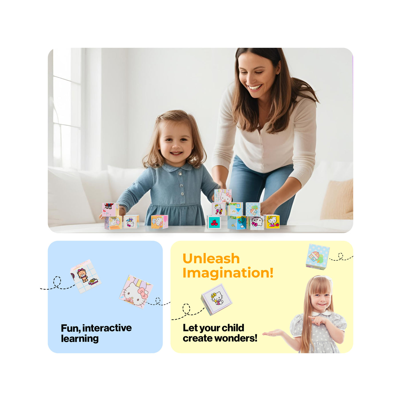 Mother and toddler building with Hello Kitty magnetic blocks next to interactive learning infographics.