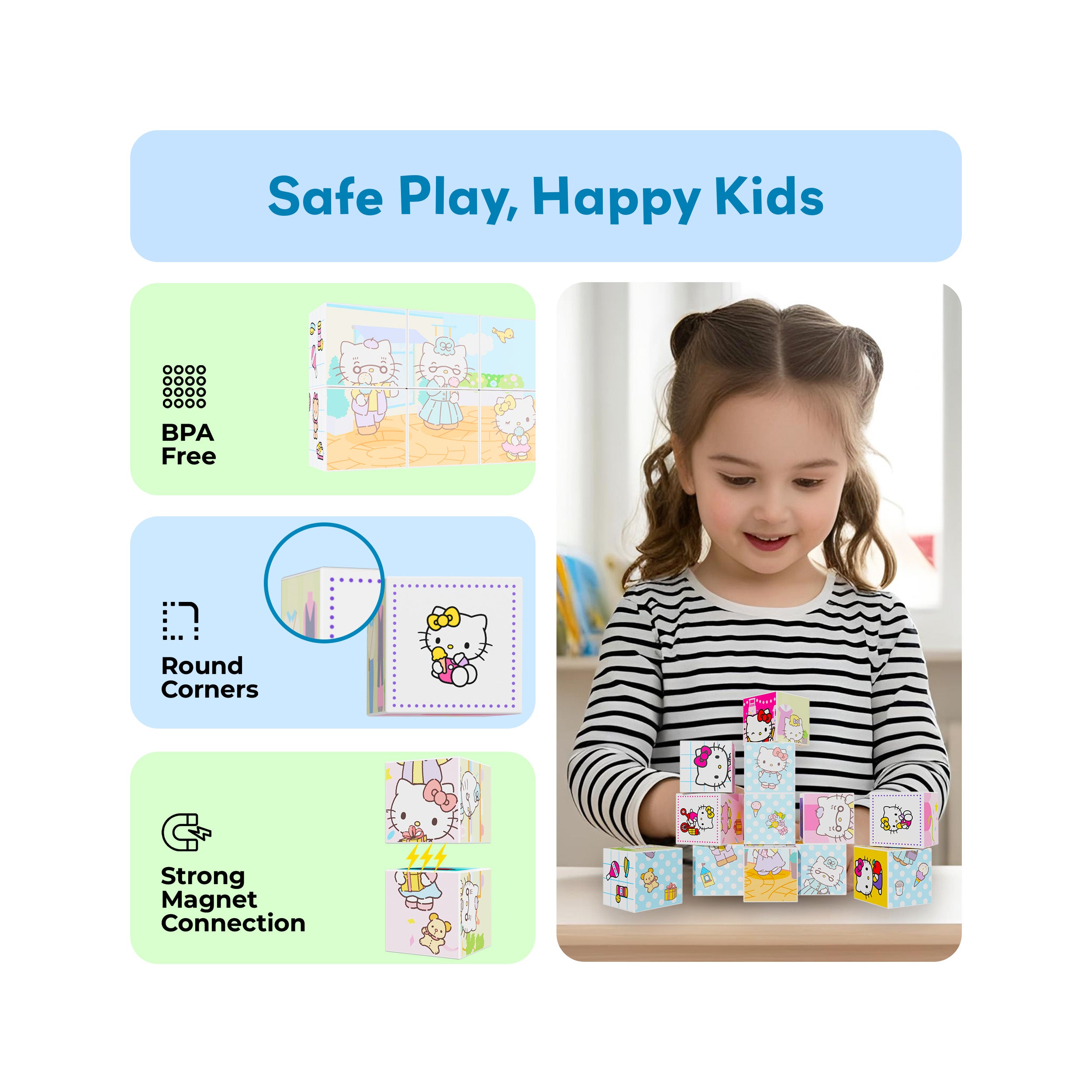 Girl building with Hello Kitty magnetic blocks next to BPA-free, round corners, and strong magnet connection icons.