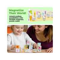 Mother and child play with Hello Kitty magnetic puzzle cubes under a green banner reading 'Magnetize Their World!'
