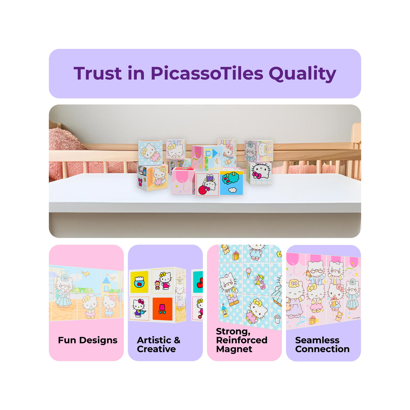 PicassoTiles quality infographic highlighting Hello Kitty magnetic blocks and key features under a purple banner.