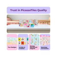 PicassoTiles quality infographic highlighting Hello Kitty magnetic blocks and key features under a purple banner.