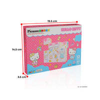 Hello Kitty 12-piece block box with dimensions: 19.5 cm long, 14.5 cm high, and 3.5 cm wide.