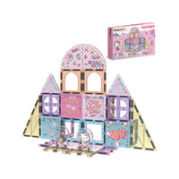 PicassoTiles Hello Kitty magnetic tile castle playset with character figures and box isolated on white.