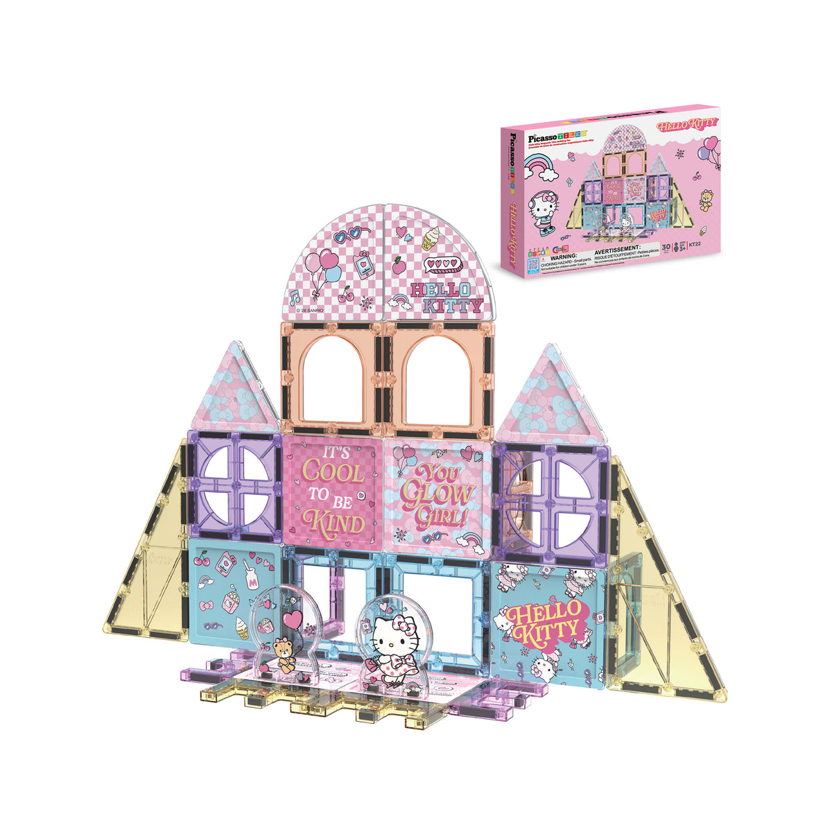 PicassoTiles Hello Kitty magnetic tile castle playset with character figures and box isolated on white.
