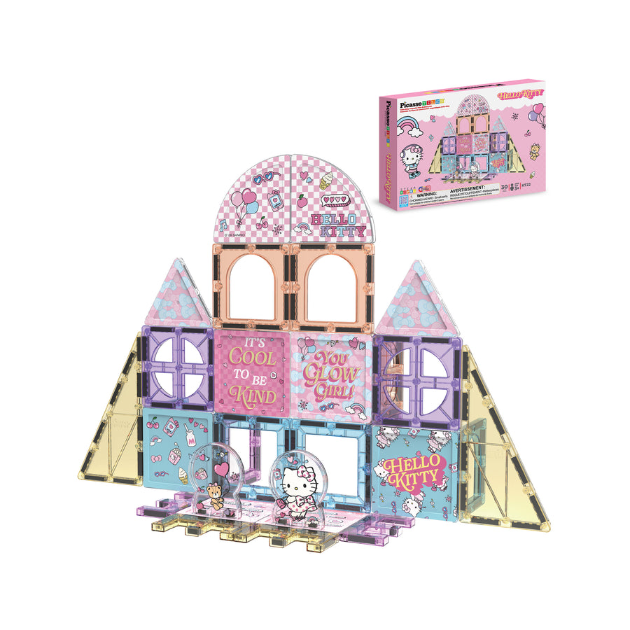 PicassoTiles Hello Kitty magnetic tile castle playset with character figures and box isolated on white.