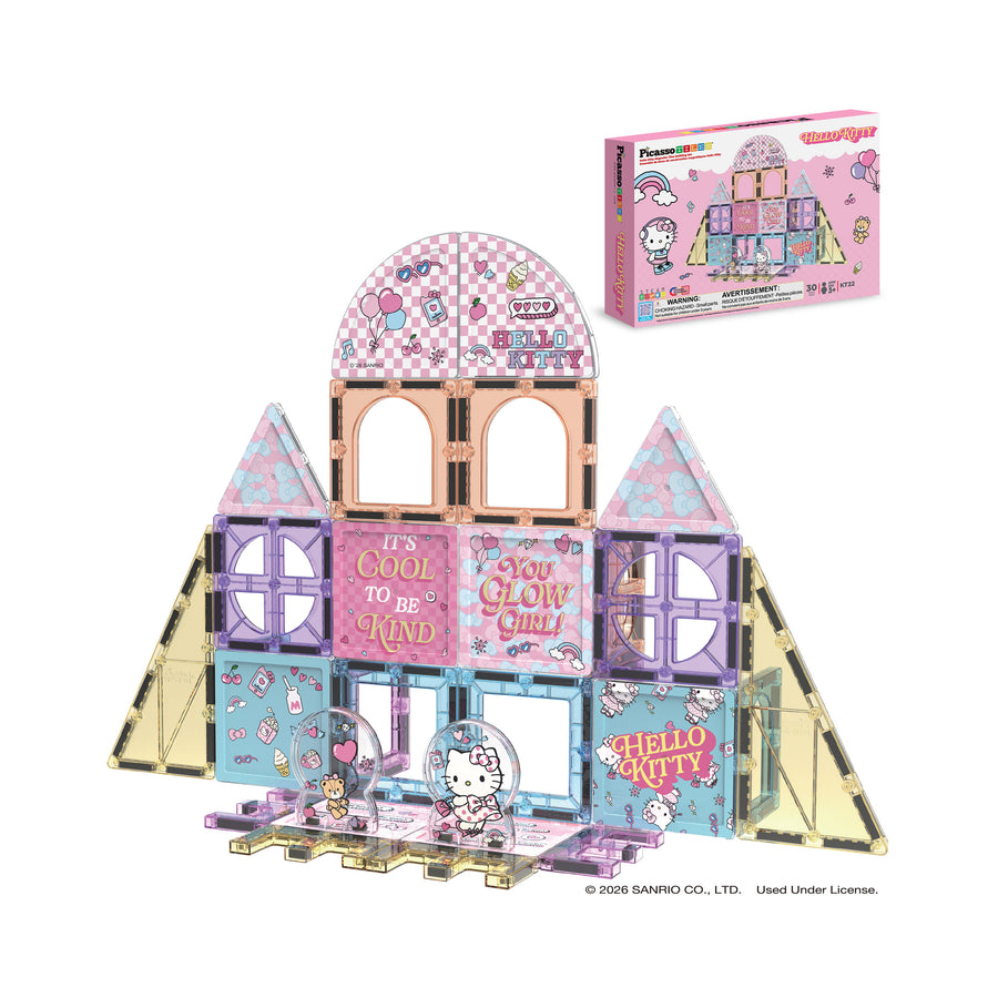PicassoTiles Hello Kitty® and Friends magnetic tile castle build alongside its product packaging box.   