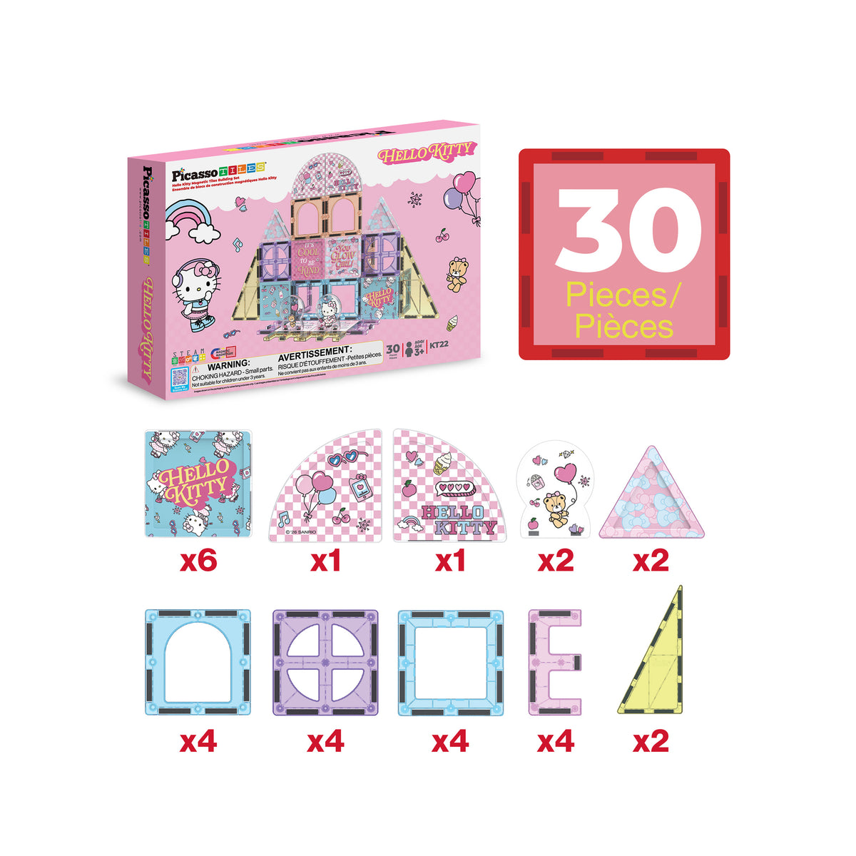 PicassoTiles Hello Kitty 30-piece magnetic tile set parts breakdown diagram with product box isolated on white.