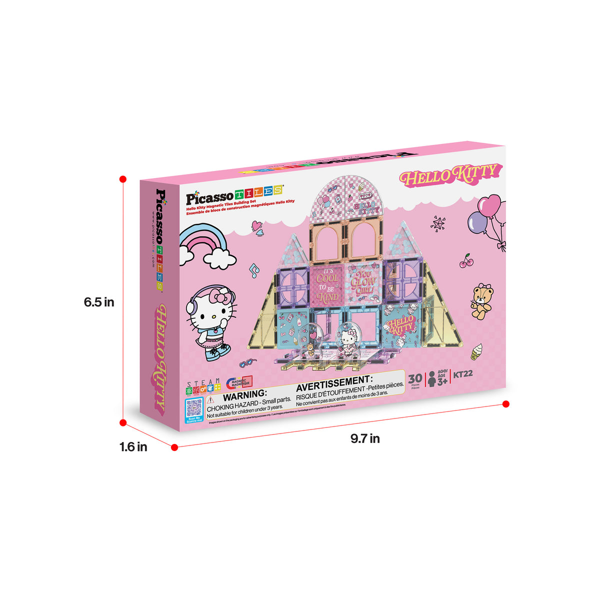 PicassoTiles Hello Kitty 30-piece magnetic tiles box with product dimensions (6.5 in x 9.7 in x 1.15 in)