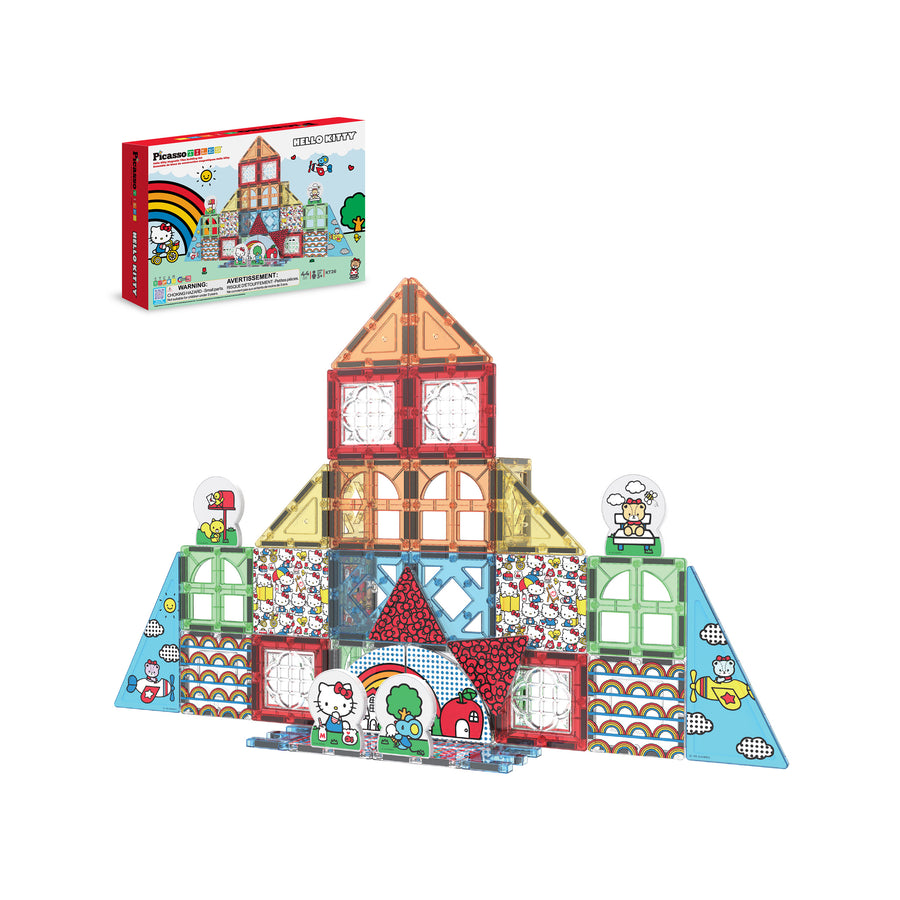 Hello Kitty magnetic tile castle set with character pieces and product box isolated on white.