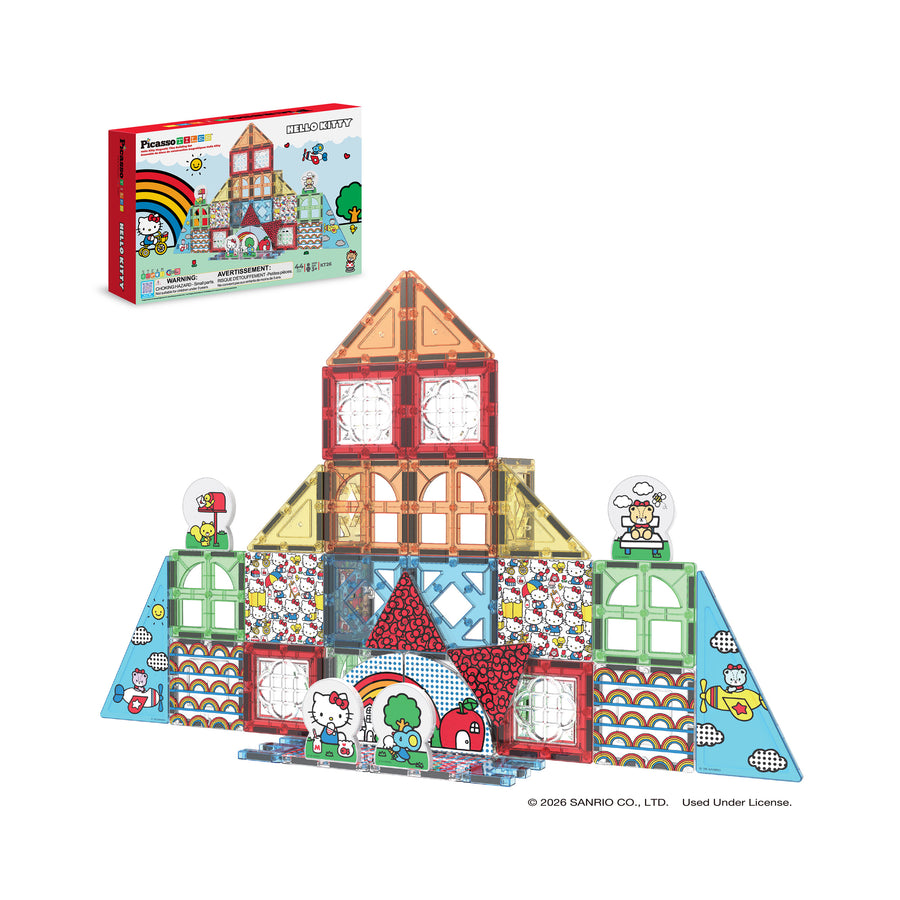 Hello Kitty® and Friends magnetic tile castle set with character pieces and product box isolated on white.
