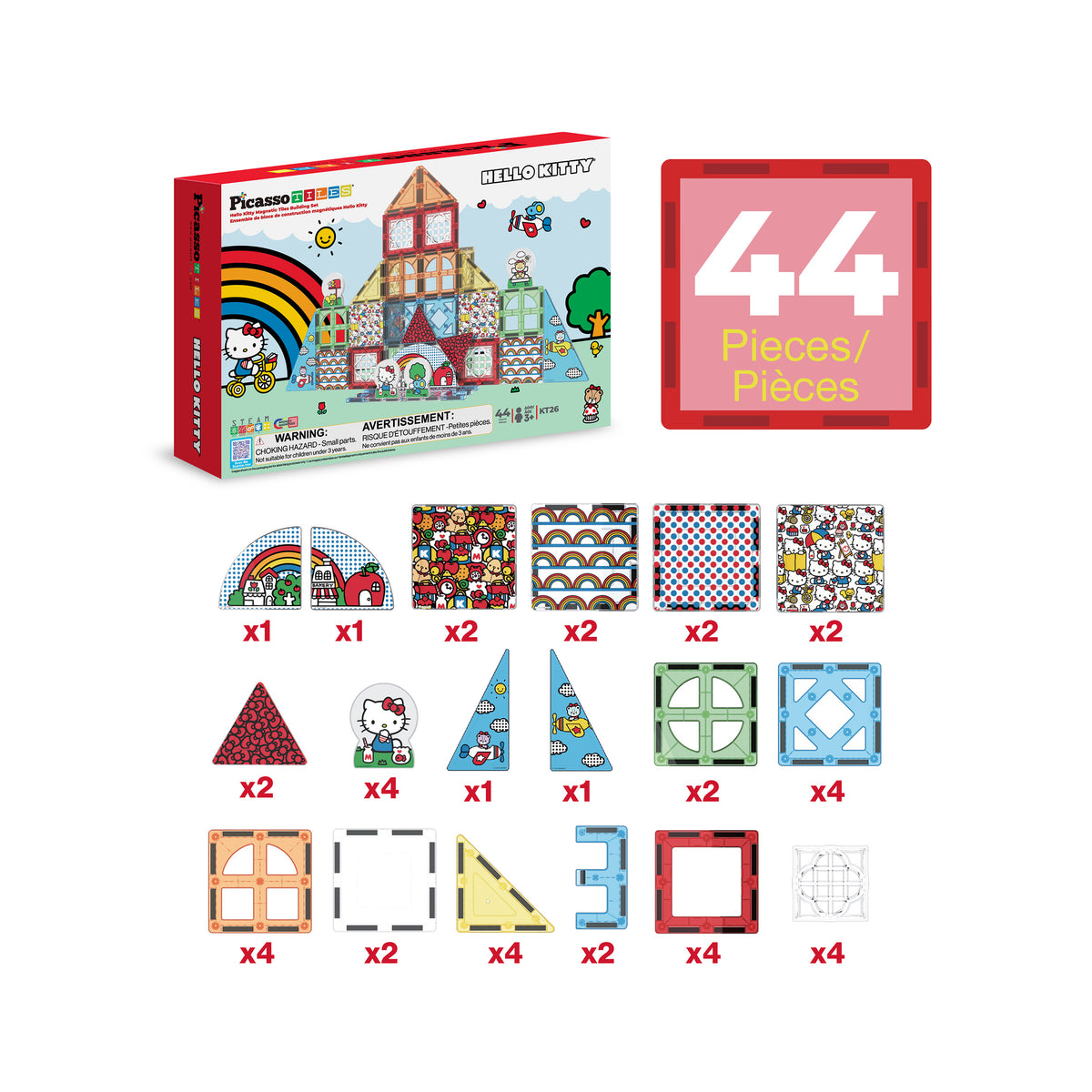Hello Kitty 44-piece magnetic tile set piece breakdown diagram with product box isolated on white.