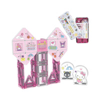 Hello Kitty and Friends magnetic tile set with character figures and metal storage tin isolated on white.