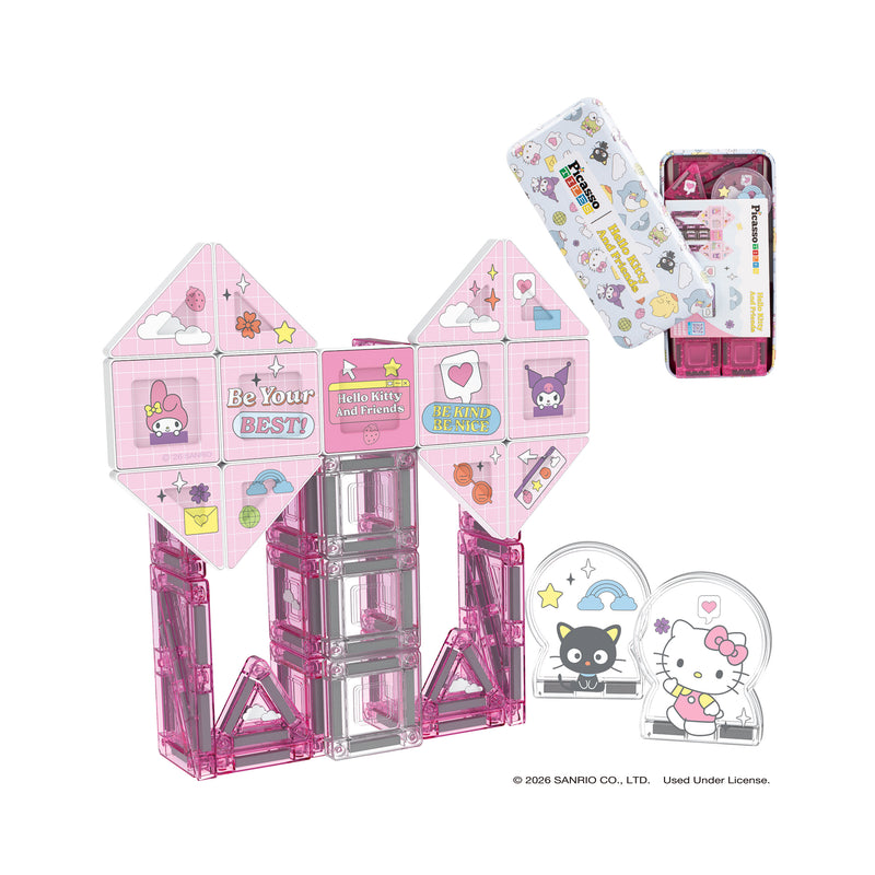Hello Kitty® and Friends magnetic tile set with character figures and metal storage tin isolated on white.
