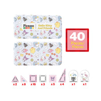 Hello Kitty and Friends 40-piece magnetic tile set piece breakdown diagram with metal tin isolated on white.