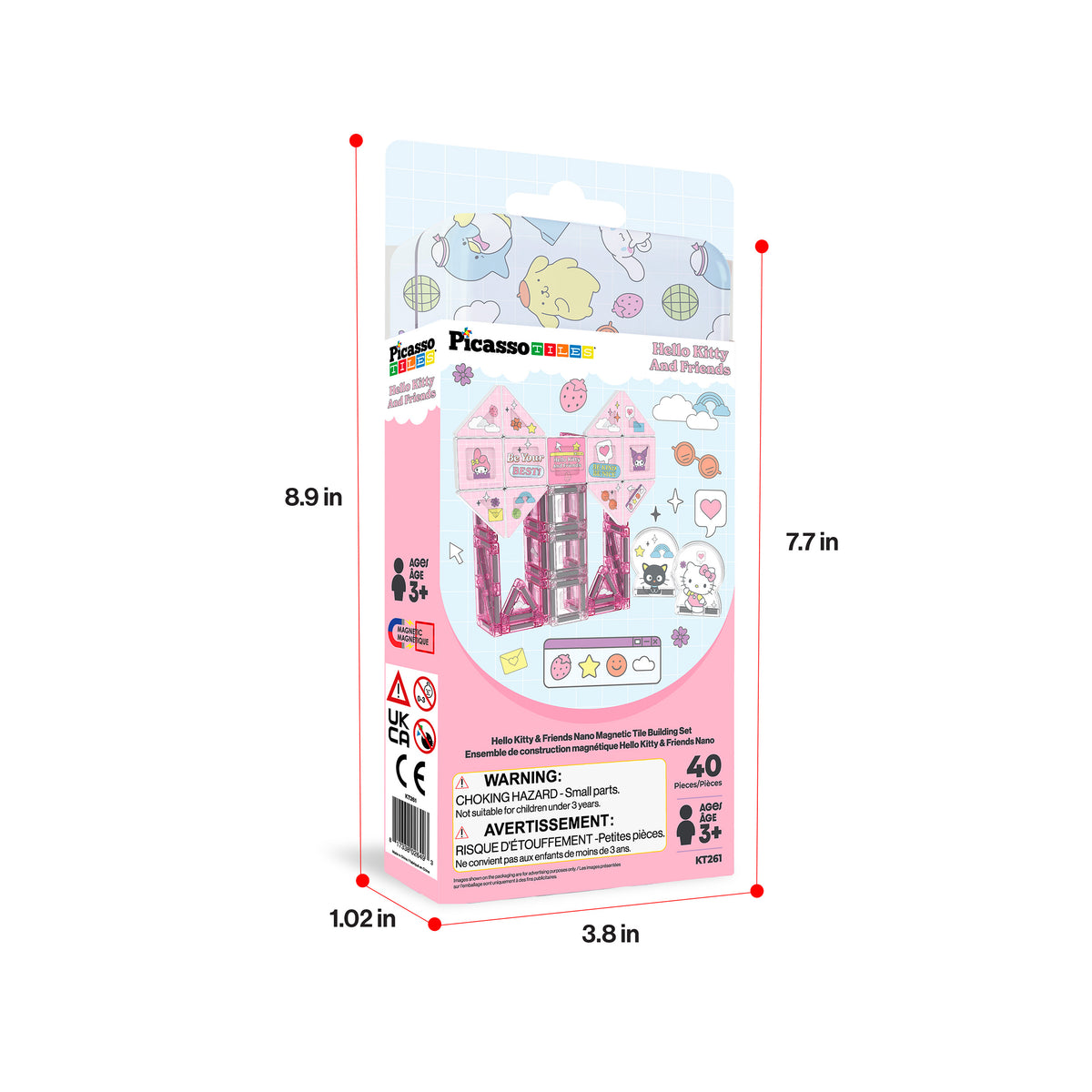 Hello Kitty and Friends 40-piece magnetic tile box with dimensions (8.9 in x 3.8 in x 1.02 in)