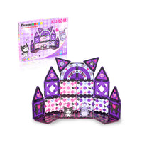 Kuromi PicassoTiles box and an assembled purple and pink magnetic tile castle featuring Sanrio character designs.