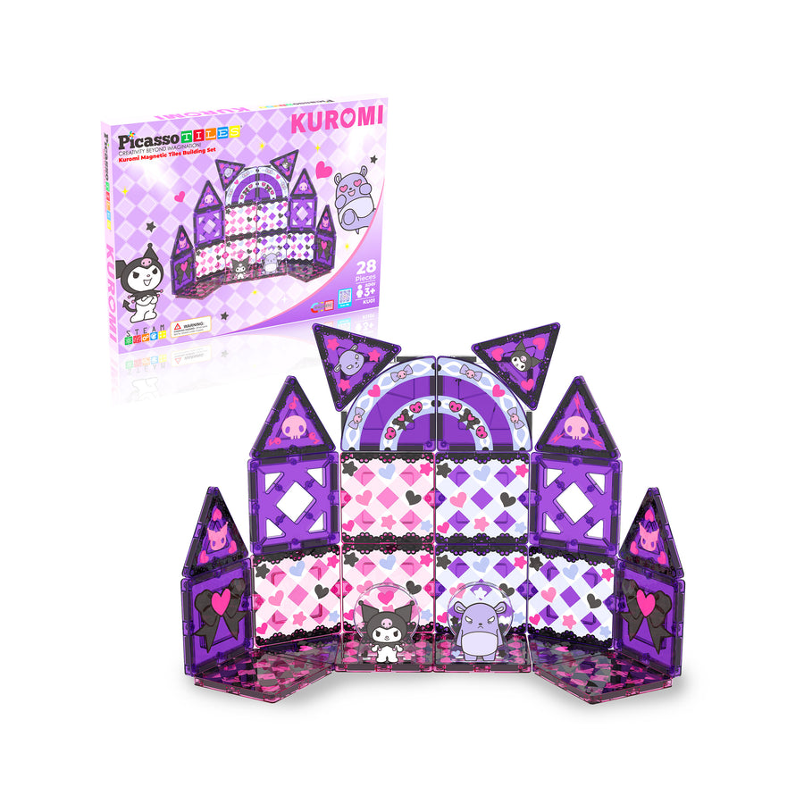 Kuromi PicassoTiles box and an assembled purple and pink magnetic tile castle featuring Sanrio character designs.