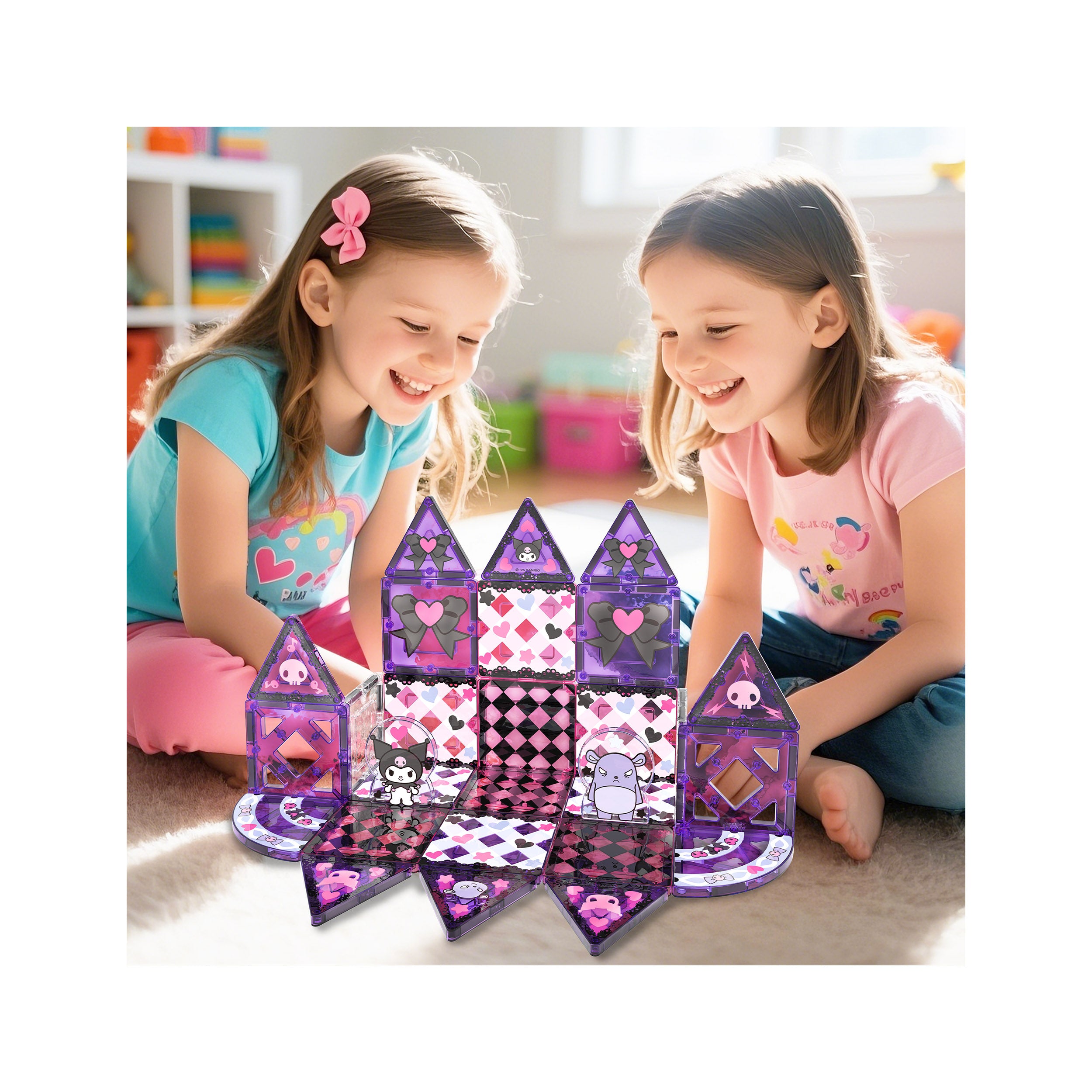 Two girls smiling as they build a purple and black Kuromi magnetic tile castle on a carpet.