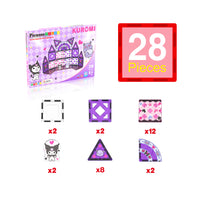 Kuromi PicassoTiles box showing a 28-piece breakdown of purple, pink, and character-themed magnetic tiles.