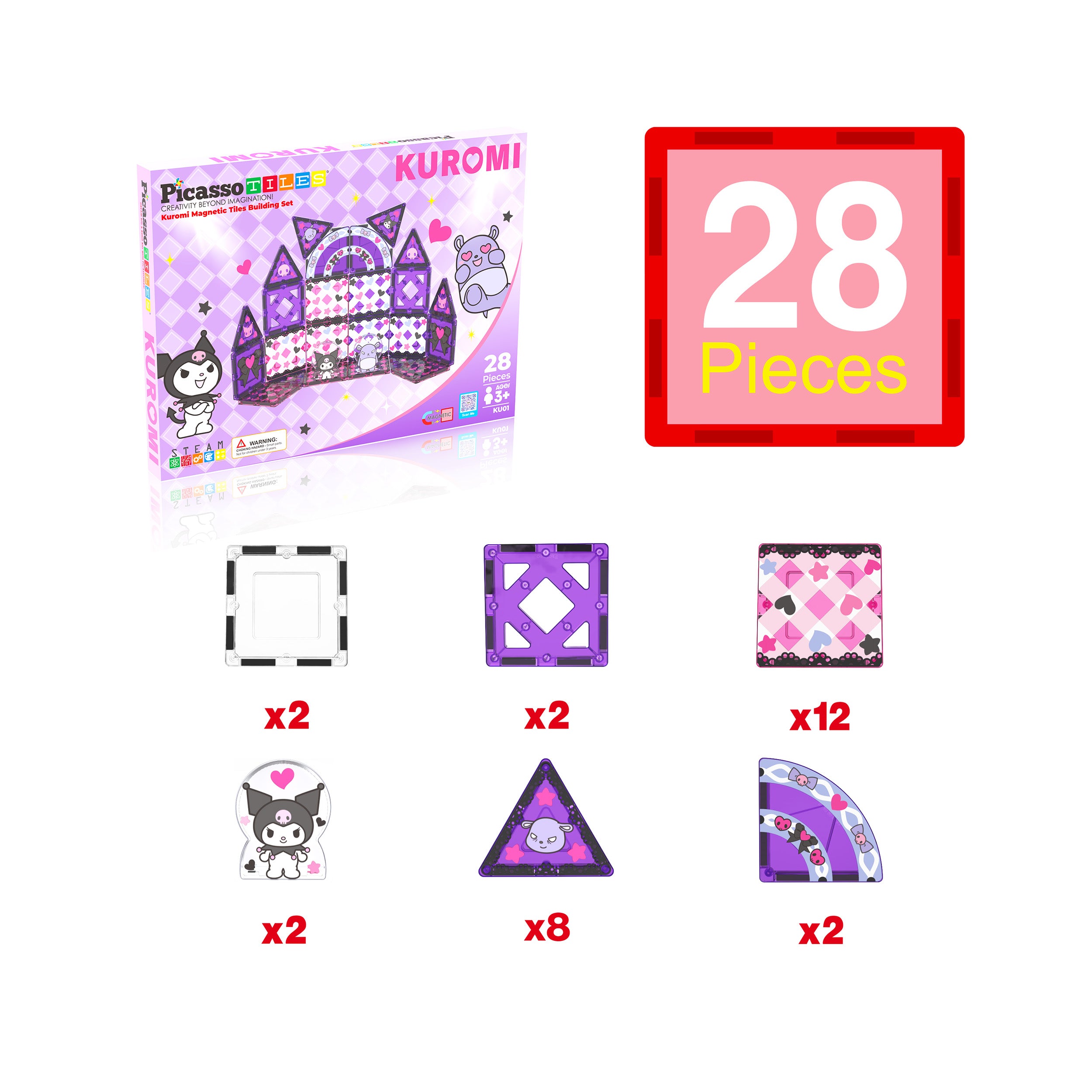 Kuromi PicassoTiles box showing a 28-piece breakdown of purple, pink, and character-themed magnetic tiles.