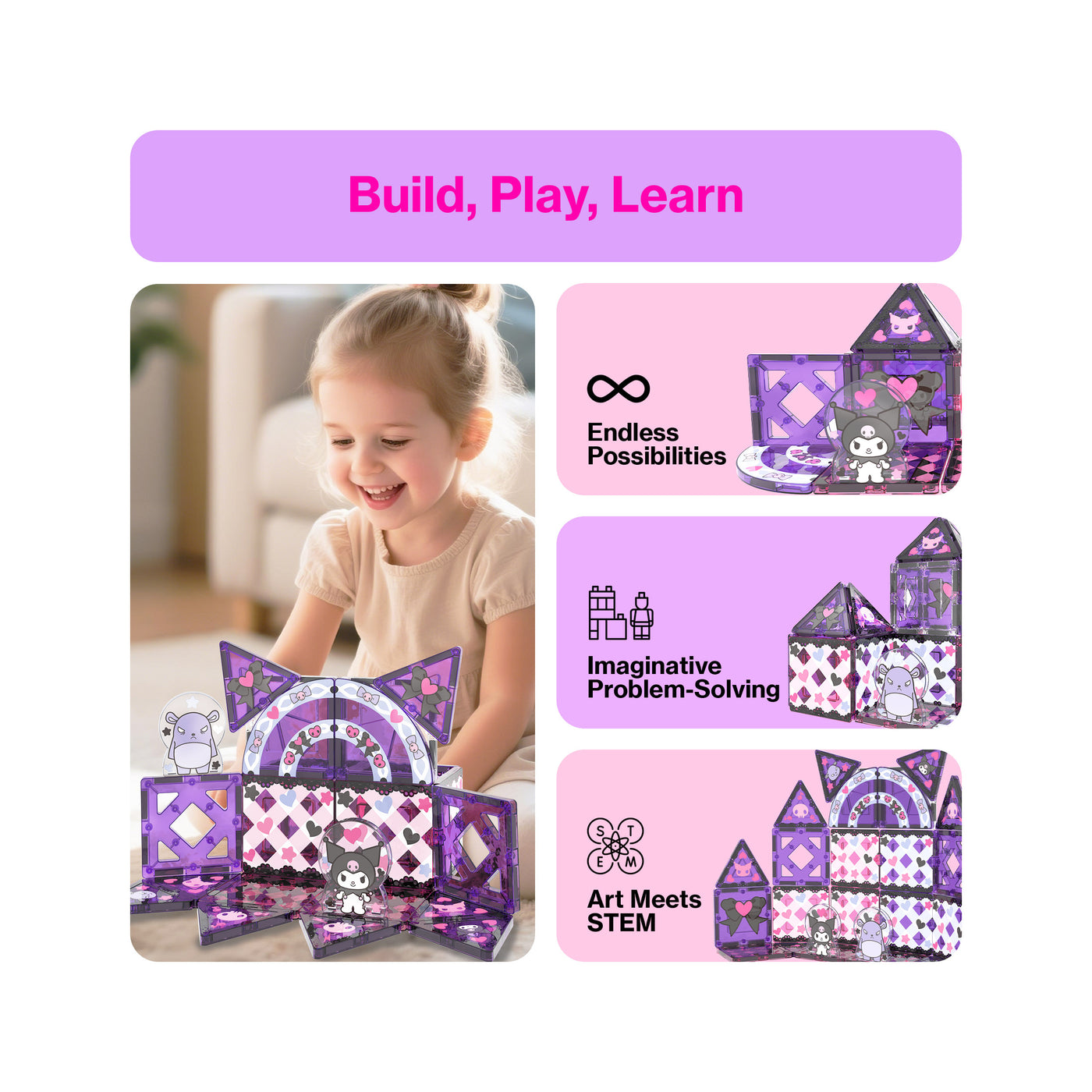 Little girl builds with purple Kuromi magnetic tiles next to STEM, problem-solving, and endless possibilities infographics.