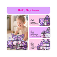Little girl builds with purple Kuromi magnetic tiles next to STEM, problem-solving, and endless possibilities infographics.